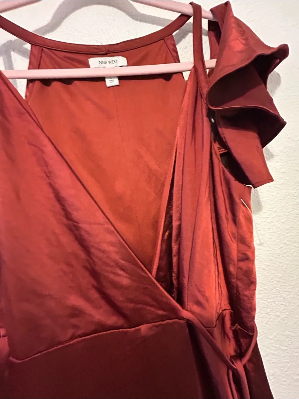 Nine West Rust-Orange Cold-Shoulder Wrap Maxi Dress
